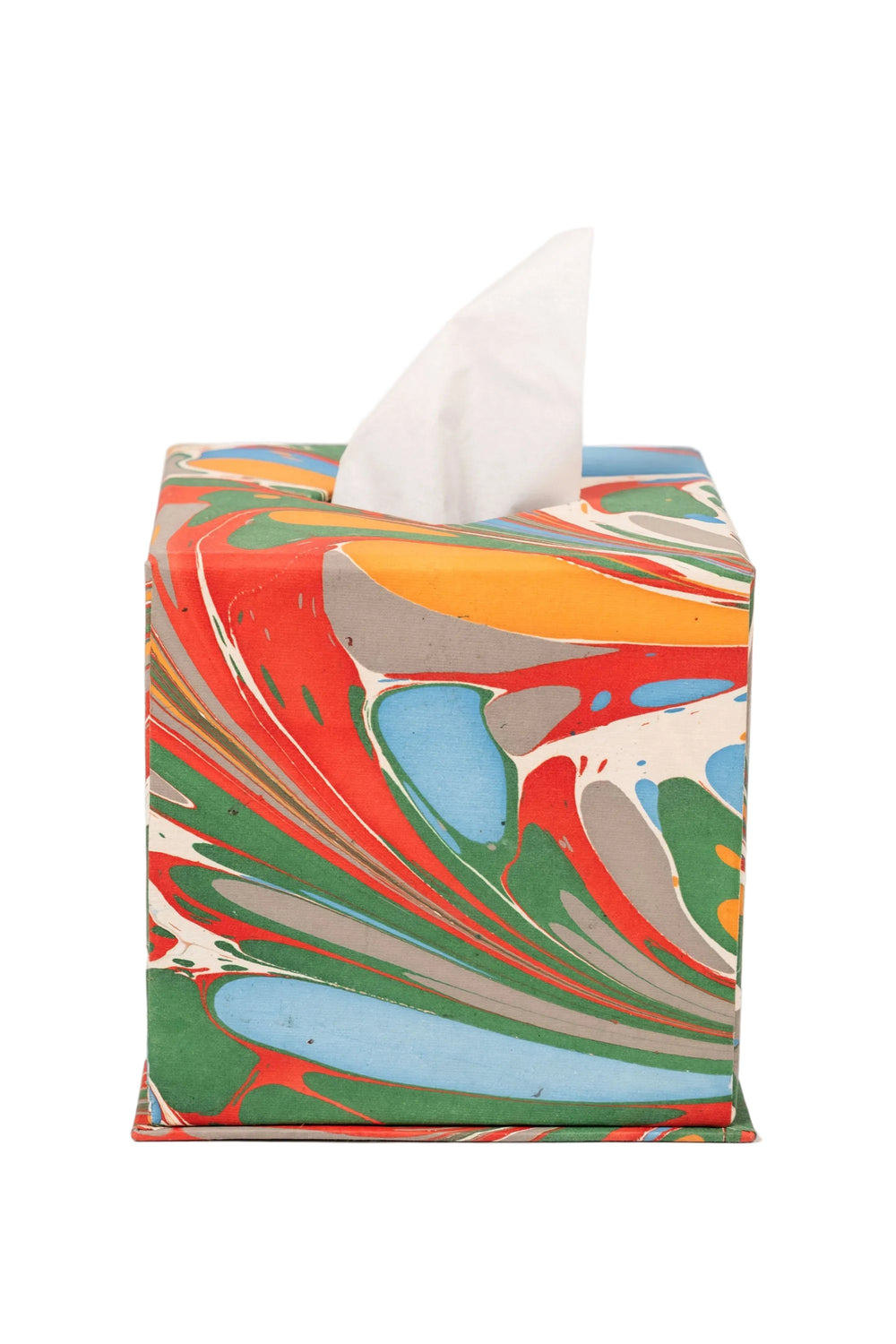 Hand-marbled tissue box cover in Marais with vibrant red, green, blue designs - Inner Child