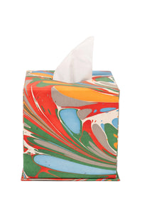 Hand-marbled tissue box cover in Marais with vibrant red, green, blue designs - Inner Child