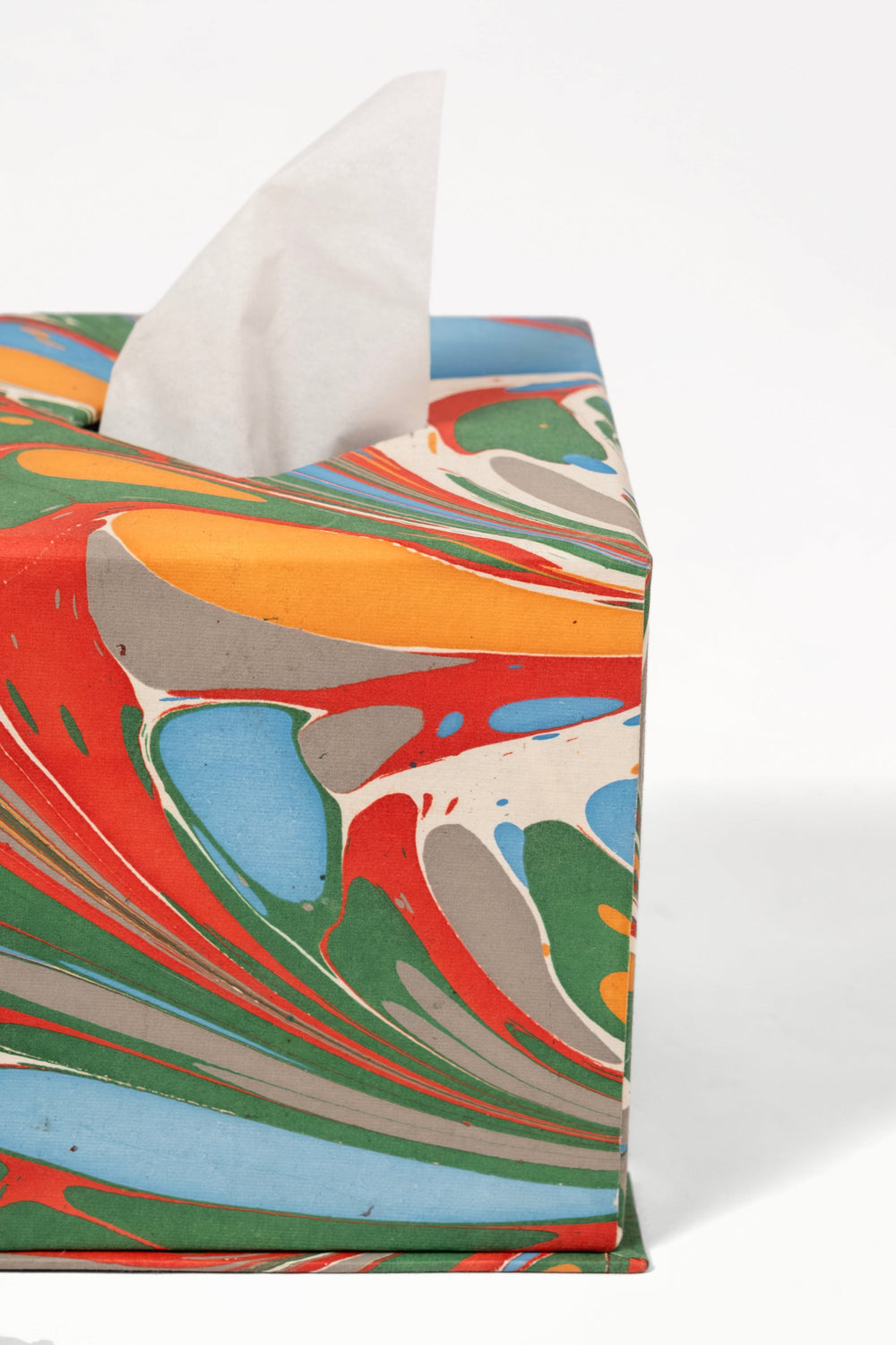 Hand-marbled multicolor tissue box cover by Inner Child with pull-out tissue