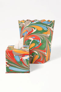 Hand-marbled tissue box covers by Inner Child with colorful swirls in red, green, orange, blue