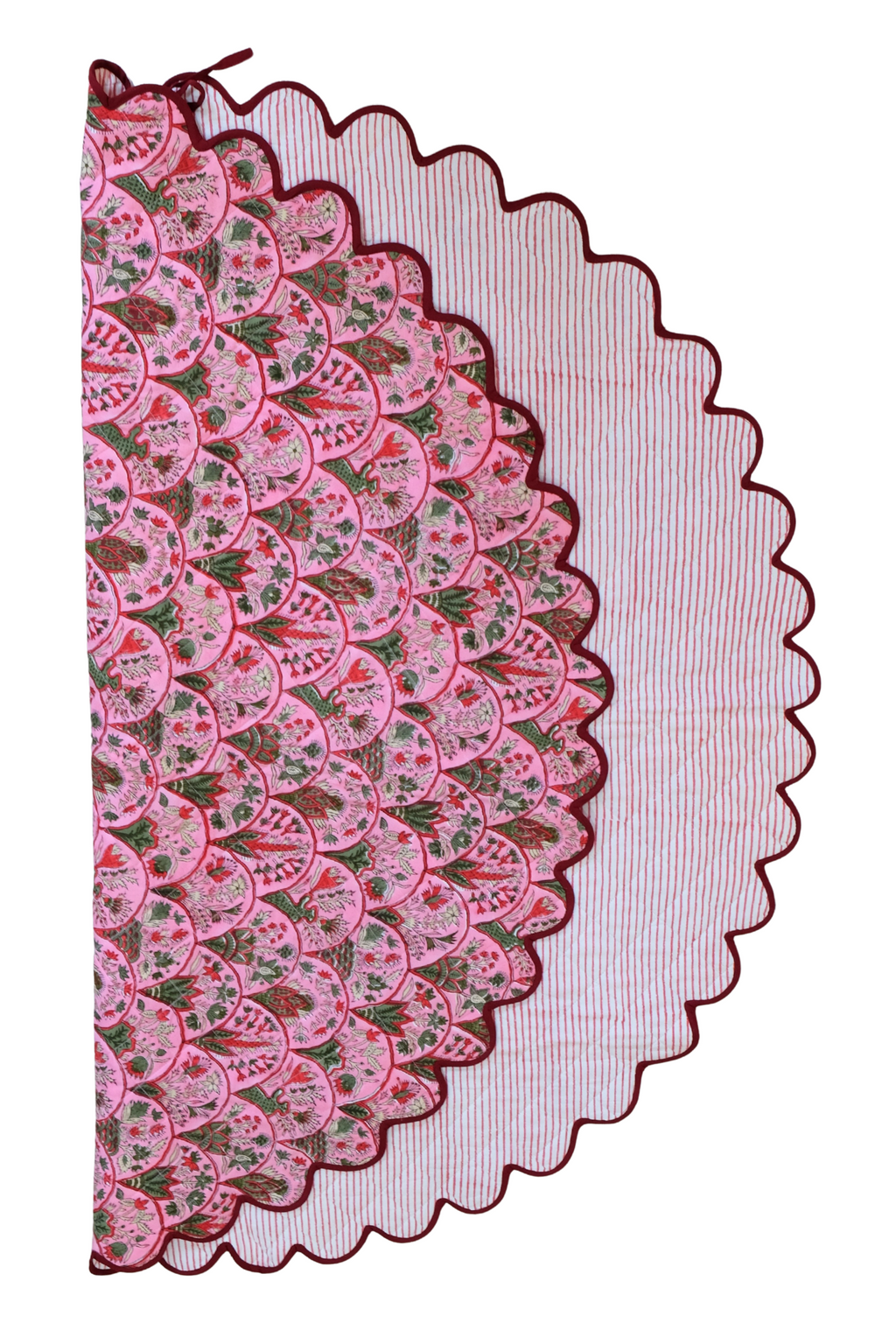 Reversible Holiday Arch Stripes scallop-edged tree skirt with pink floral front