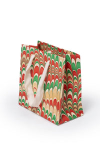 Small Holiday Jingle Gift Hand Marbled Gift Bag - colorful marbling & white handle