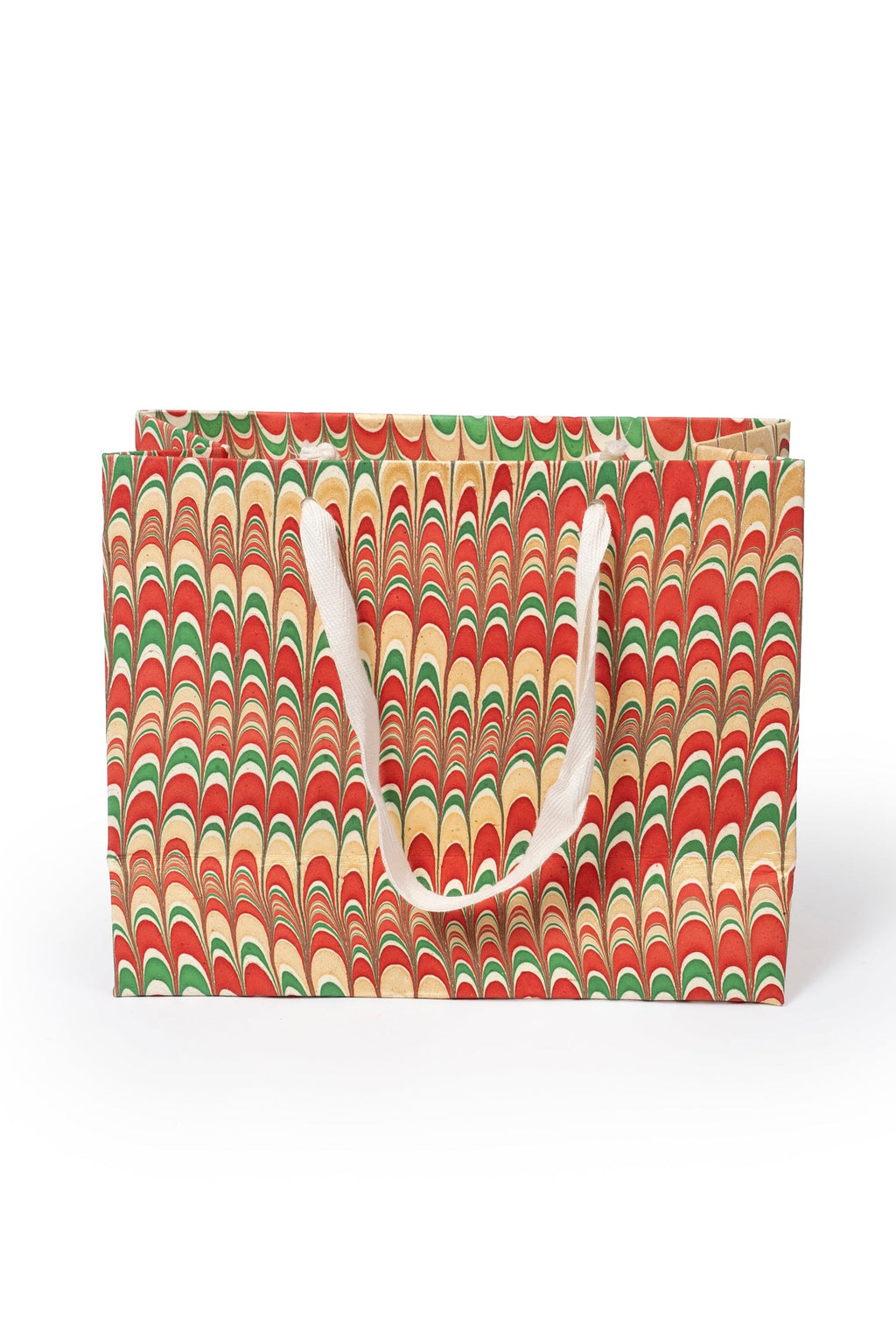 Medium Holiday Jingle Gift Hand Marbled Gift Bag - red-green-yellow marbling & white handles