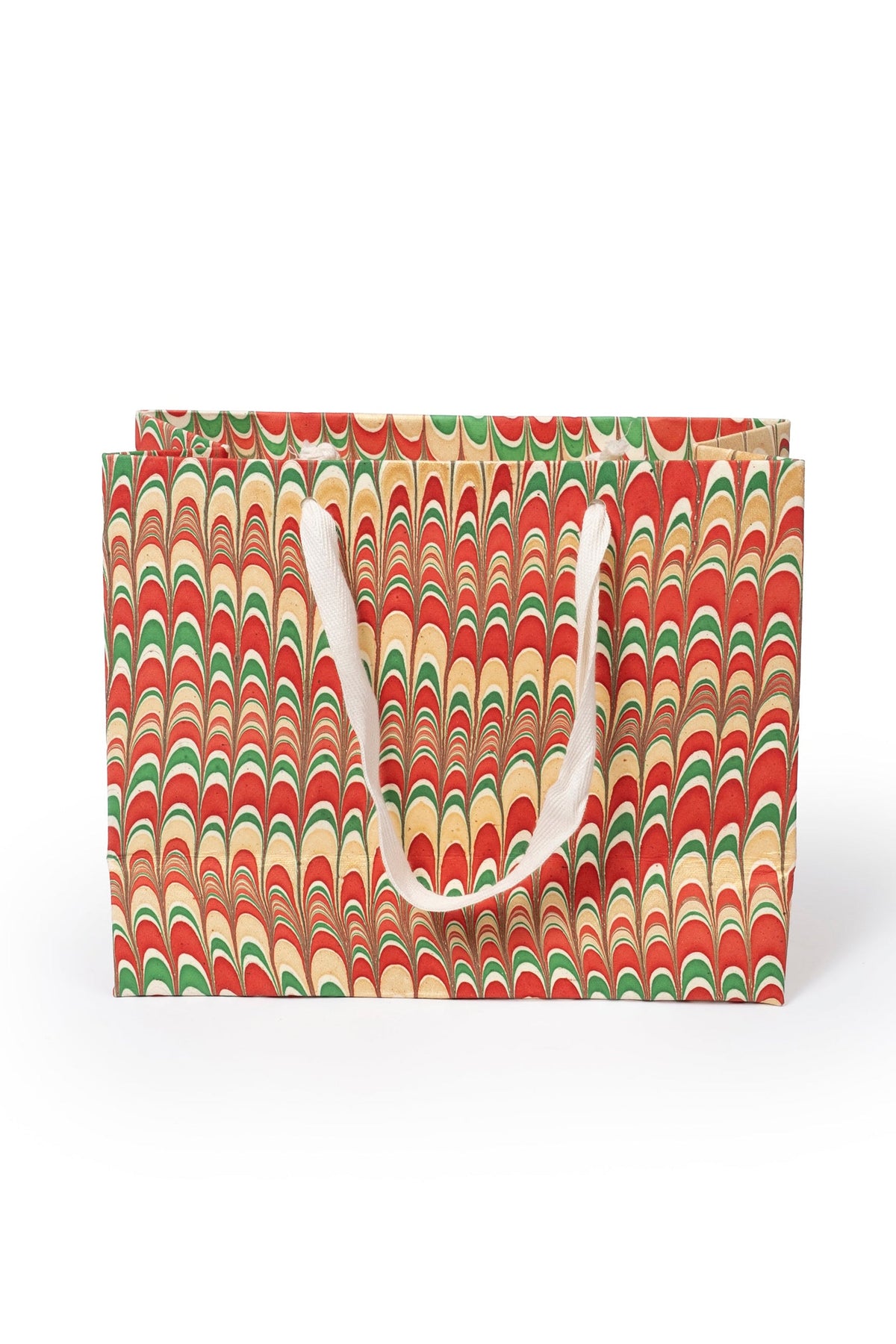 Medium Holiday Jingle Gift Hand Marbled Gift Bag - red-green-yellow marbling & white handles