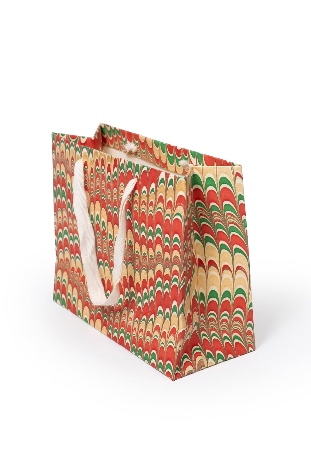 Side view of Holiday Jingle Gift Hand Marbled Gift Bag - colorful marbling & white handle