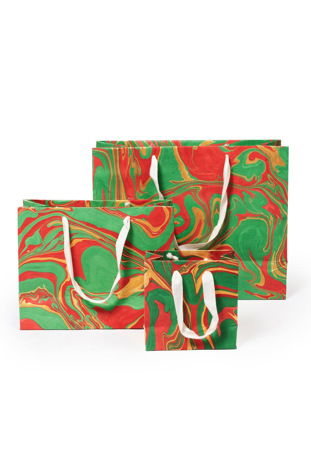 Multi-size wave-patterned hand-marbled holiday gift bags with white handles