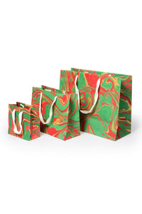 Multi-size wave-patterned hand-marbled holiday gift bags with white handles