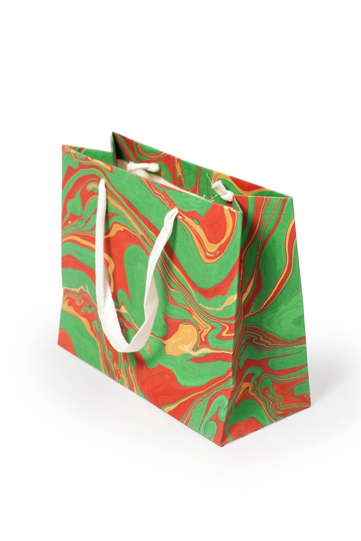 Inner Child hand-marbled holiday gift bag with white rope handles