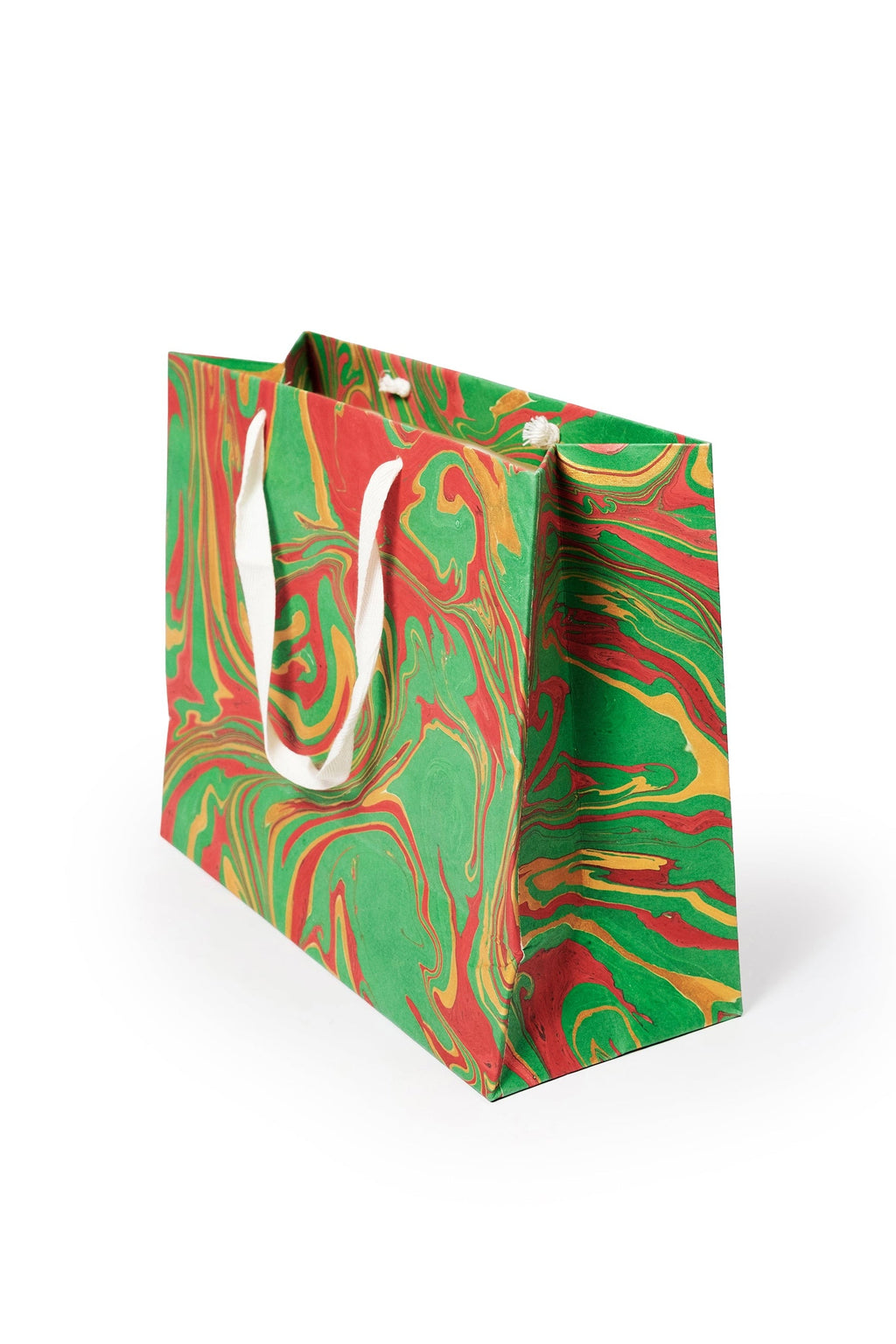 Inner Child hand-marbled holiday gift bag with white rope handles