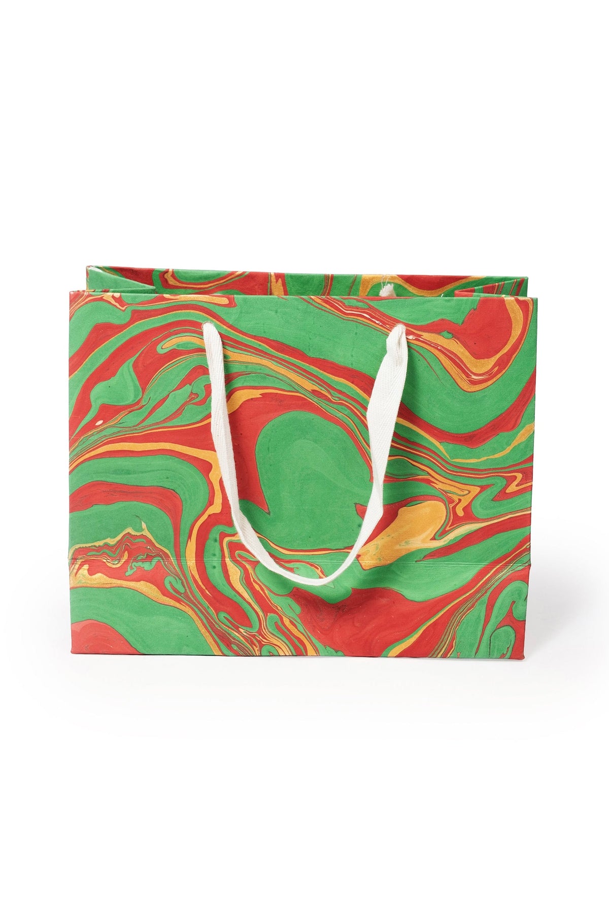 Inner Child medium hand-marbled holiday gift bag with white rope handles