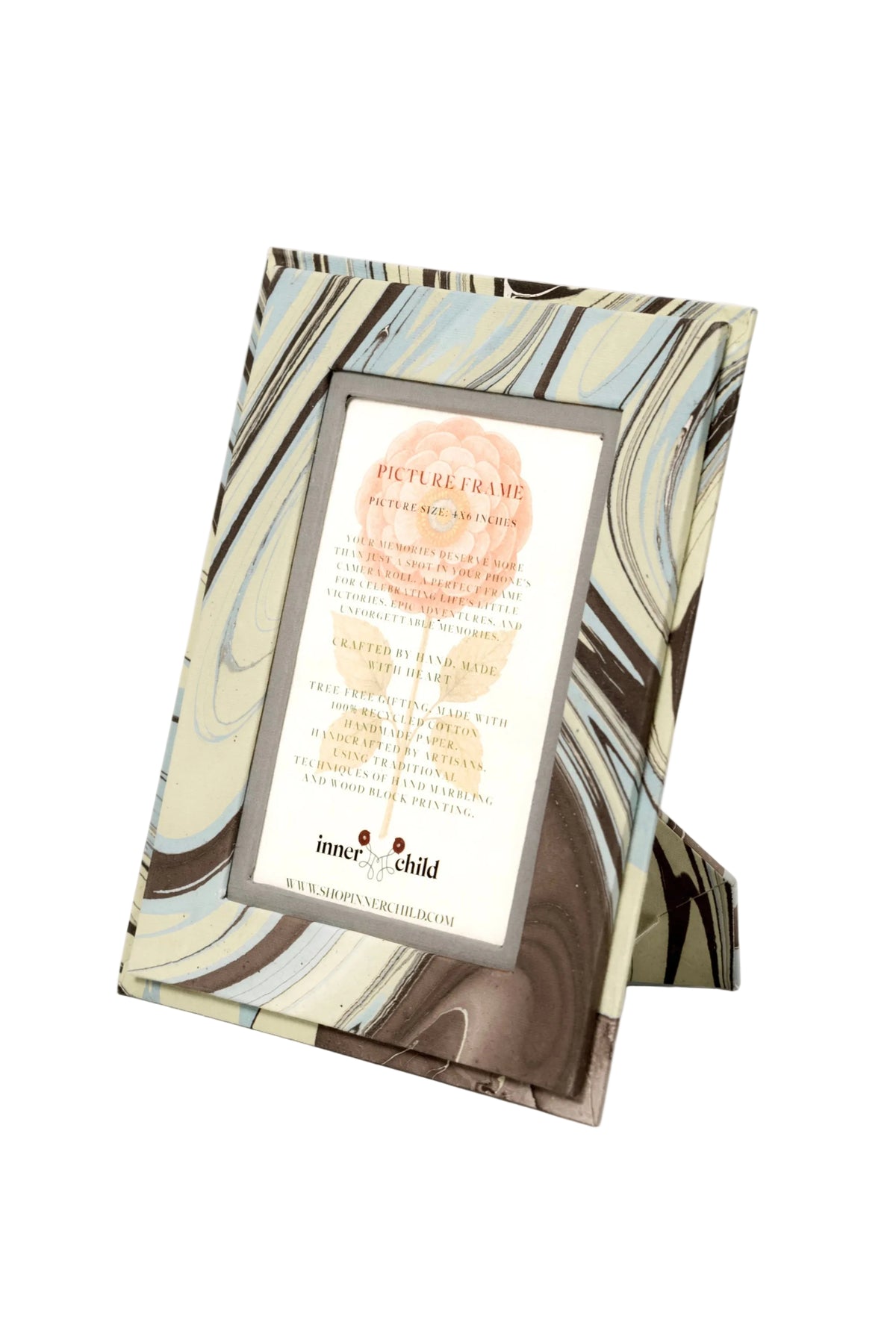 Hand-marbled Kyoto 4x6 picture frame by Inner Child with blue brown patterns