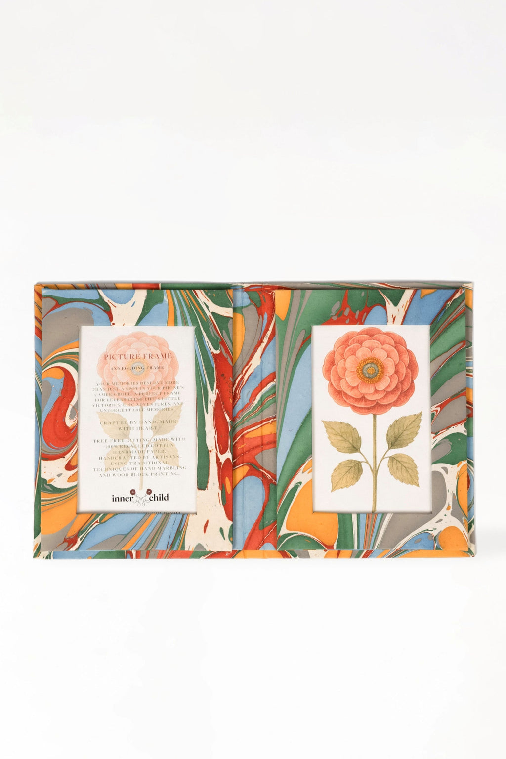 Closed hand-marbled folding picture frame with colorful patterns, flower insert - Inner Child