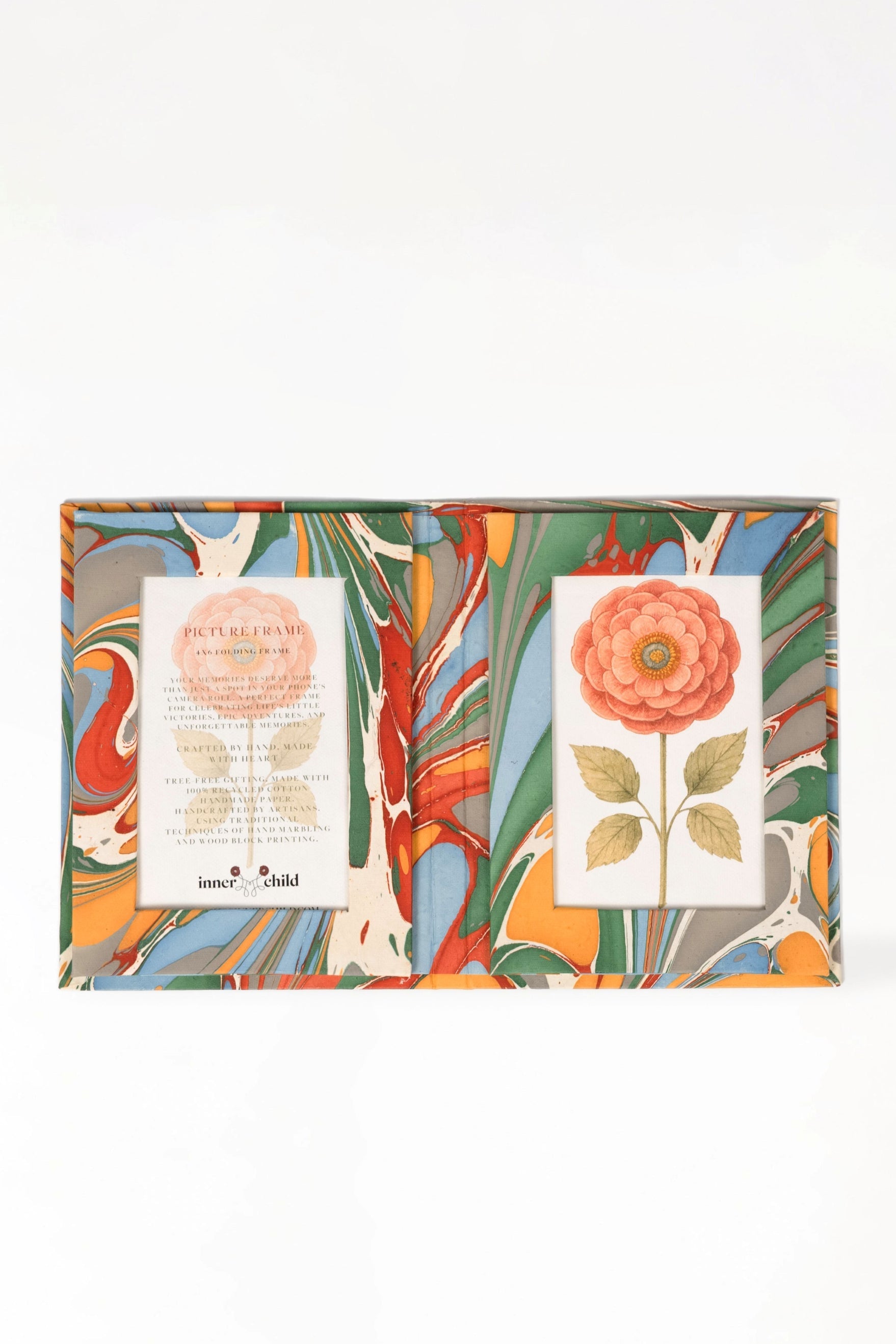 Closed hand-marbled folding picture frame with colorful patterns, flower insert - Inner Child