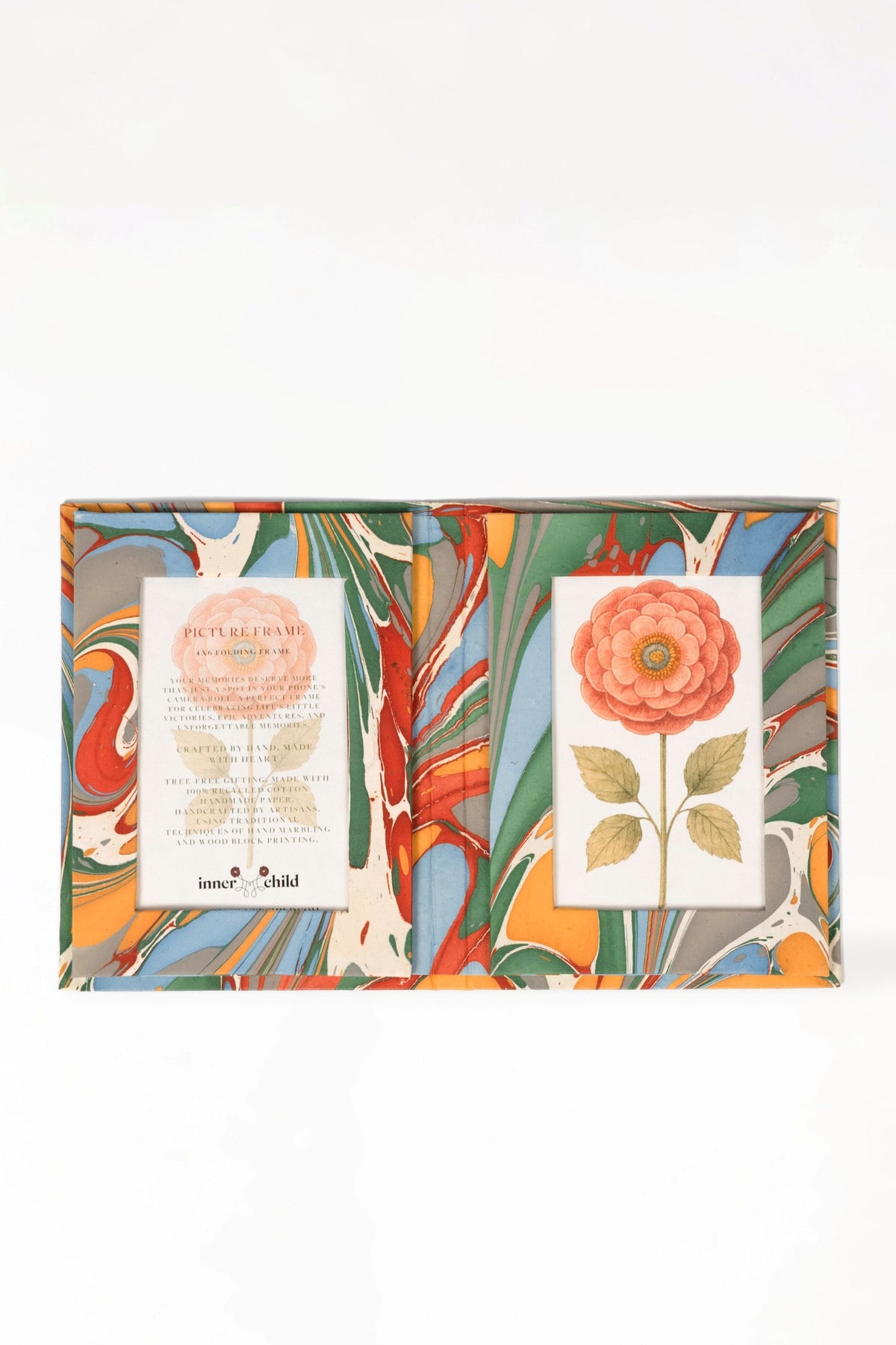 Closed hand-marbled folding picture frame with colorful patterns, flower insert - Inner Child