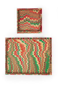 Inner Child nesting scalloped hand-marbled holiday trays red green gold