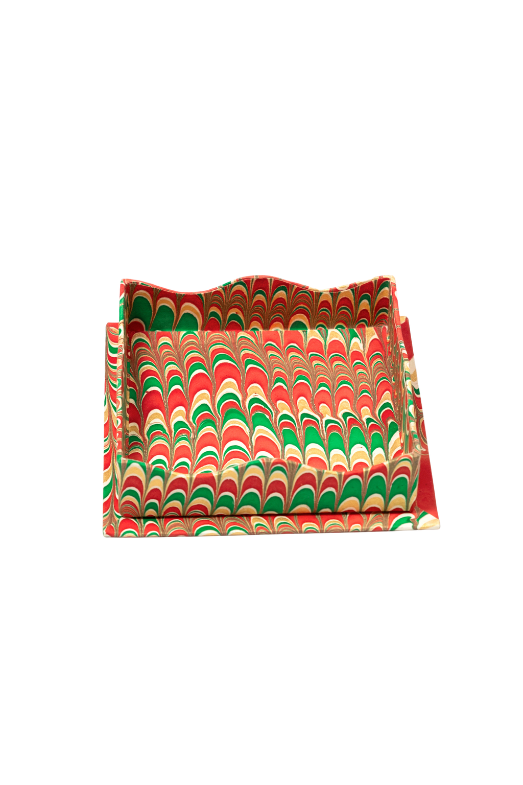 Inner Child nesting scalloped hand-marbled holiday trays red green gold