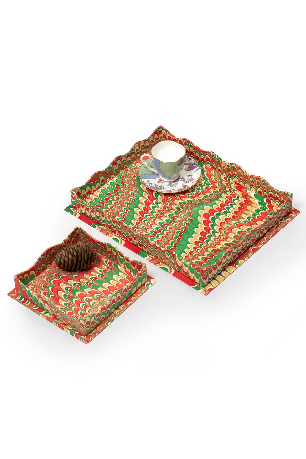 Holiday jingle scalloped nesting trays with cup and pinecone