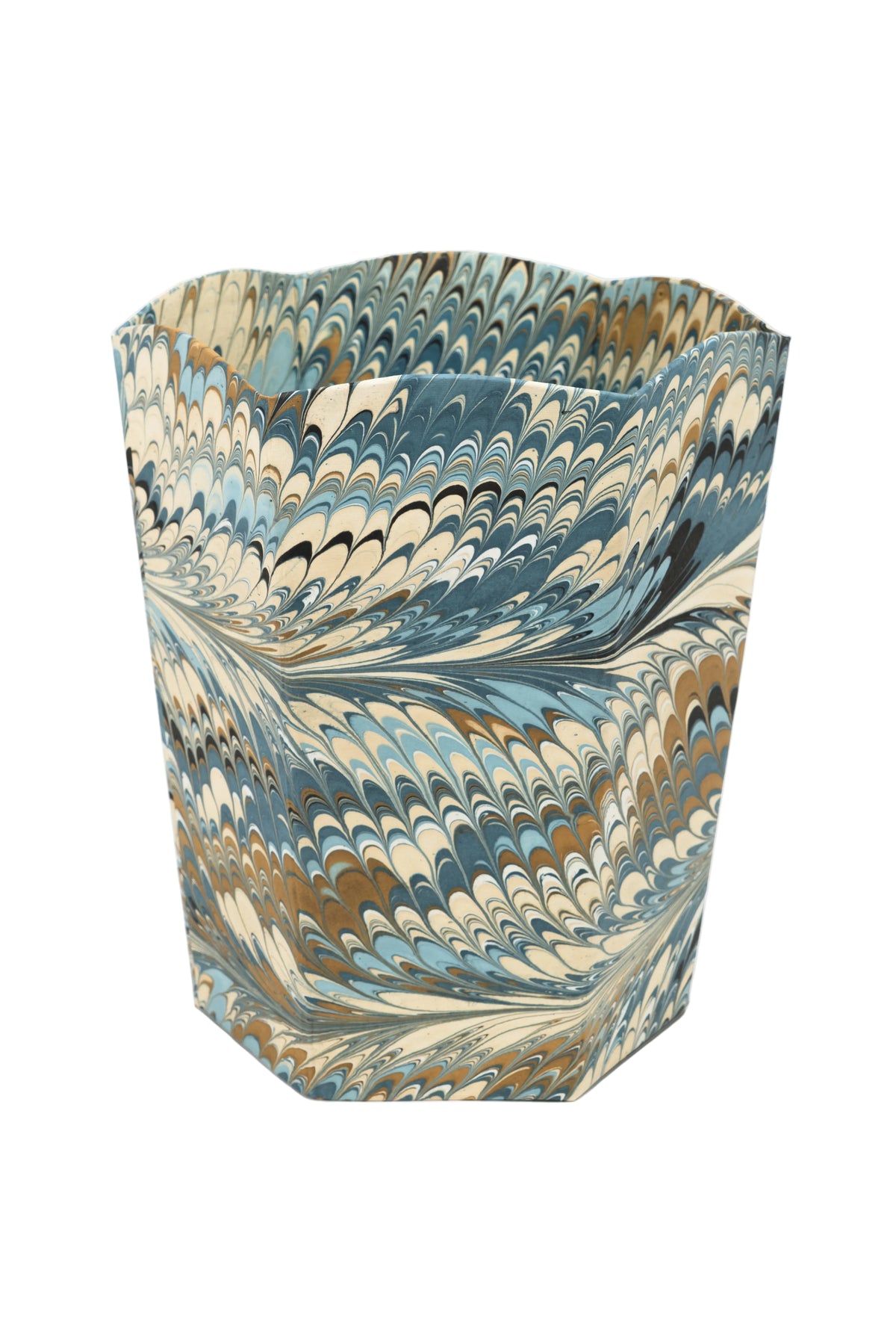 Hand-marbled scallop waste bin storage bin in nila feathers pattern