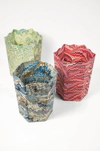 Hand-marbled scallop waste bin storage bin in florentine pink patterns