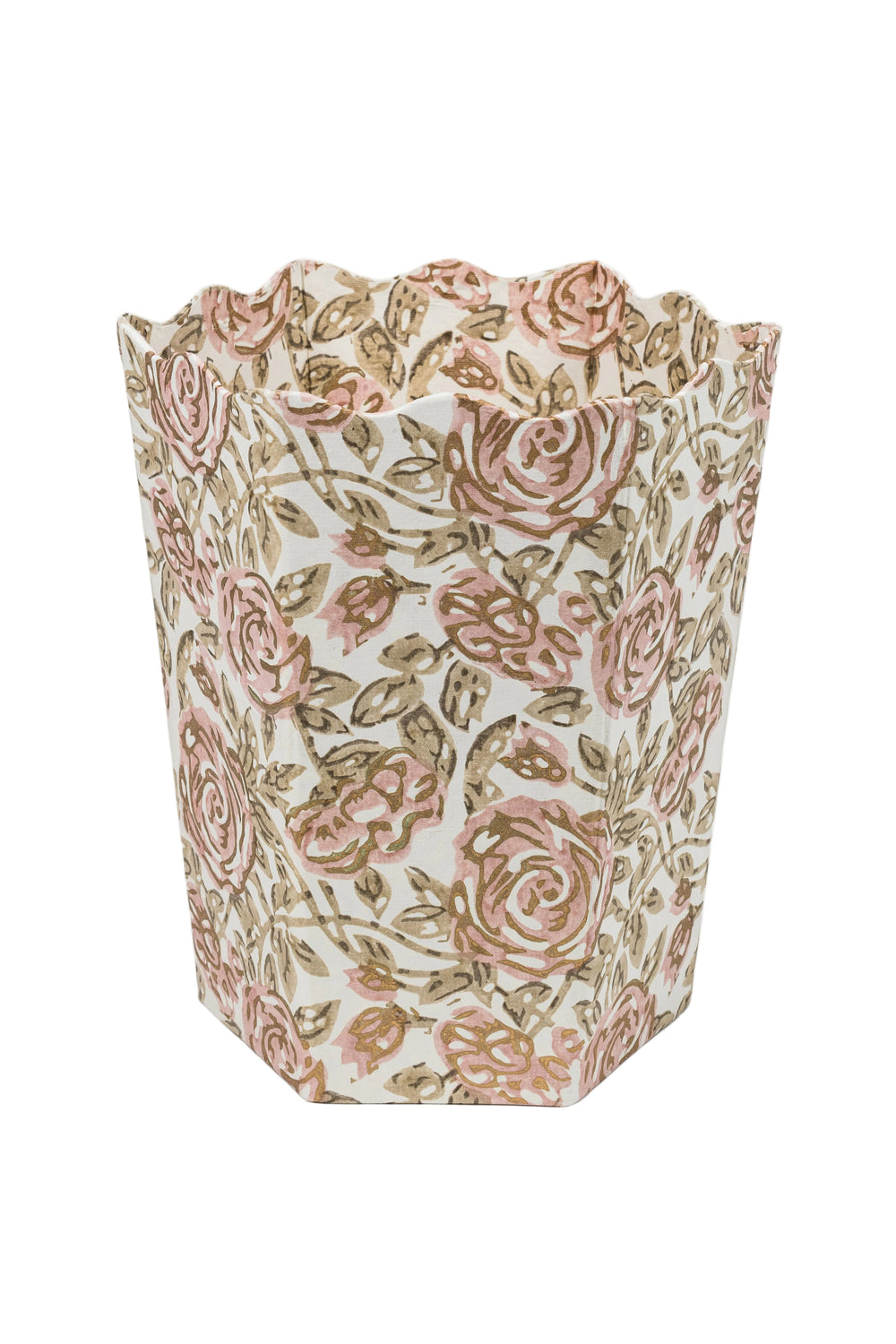 Blockprint scallop waste bin displaying pink rose garden pattern - Inner Child
