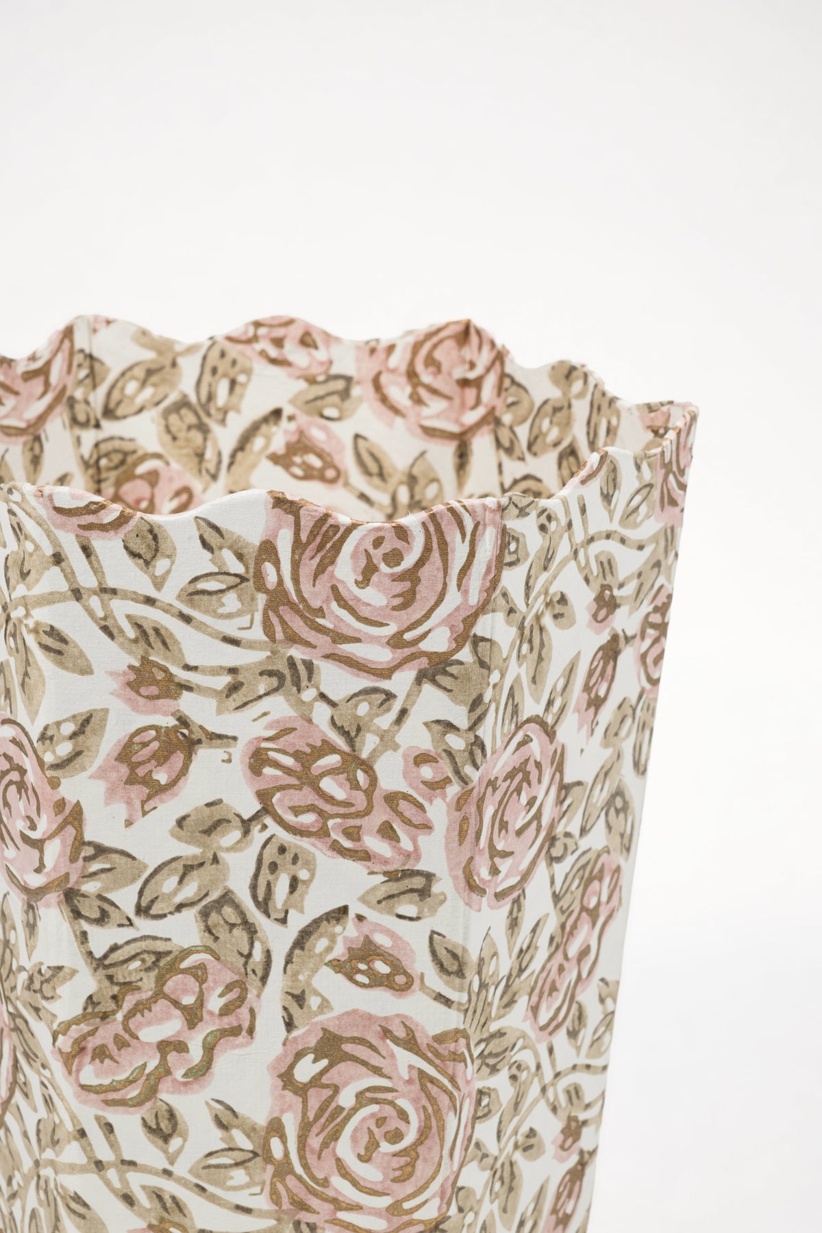 Blockprint scallop waste bin with rose garden print by Inner Child