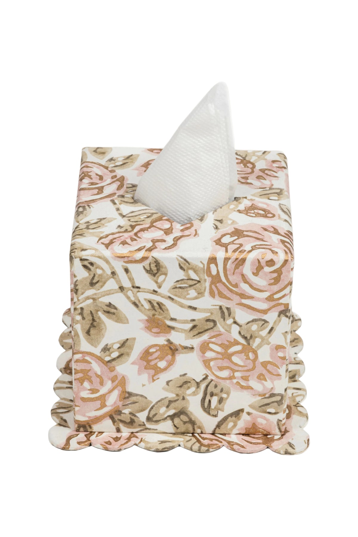 Inner Child rose garden blockprint scallop-edged tissue box cover with pink roses