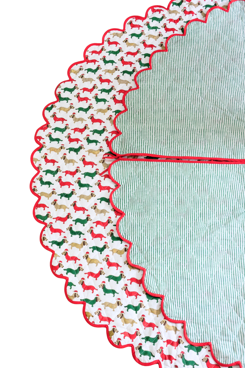 Scalloped Blockprint Quilted Tree Skirt in Holiday Dashing Doxies