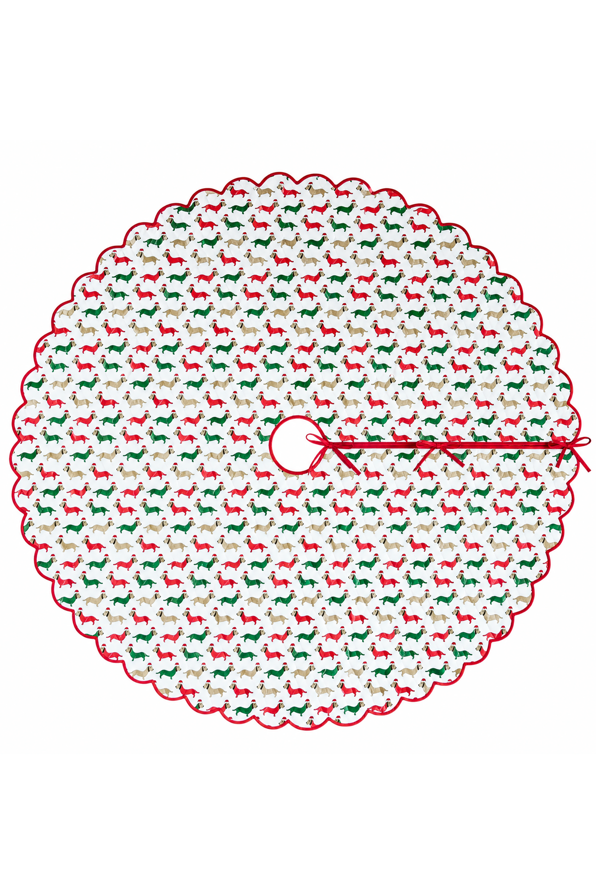 Scalloped Blockprint Quilted Tree Skirt in Holiday Dashing Doxies