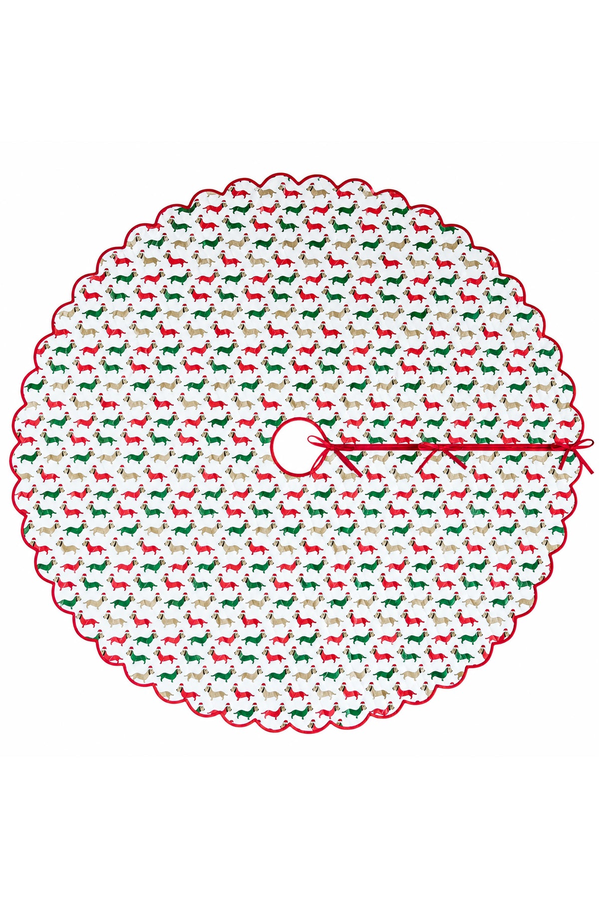 Scalloped Blockprint Quilted Tree Skirt in Holiday Dashing Doxies