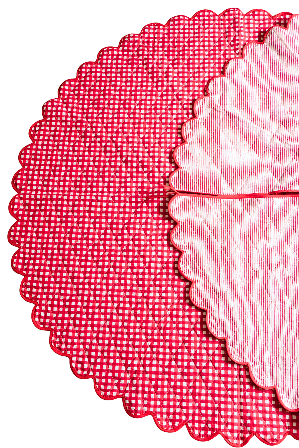 Scalloped Blockprint Quilted Tree Skirt in Red Gingham