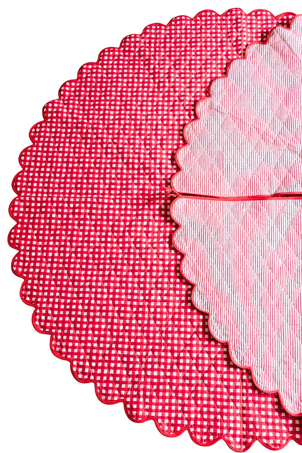 Scalloped Blockprint Quilted Tree Skirt in Red Gingham