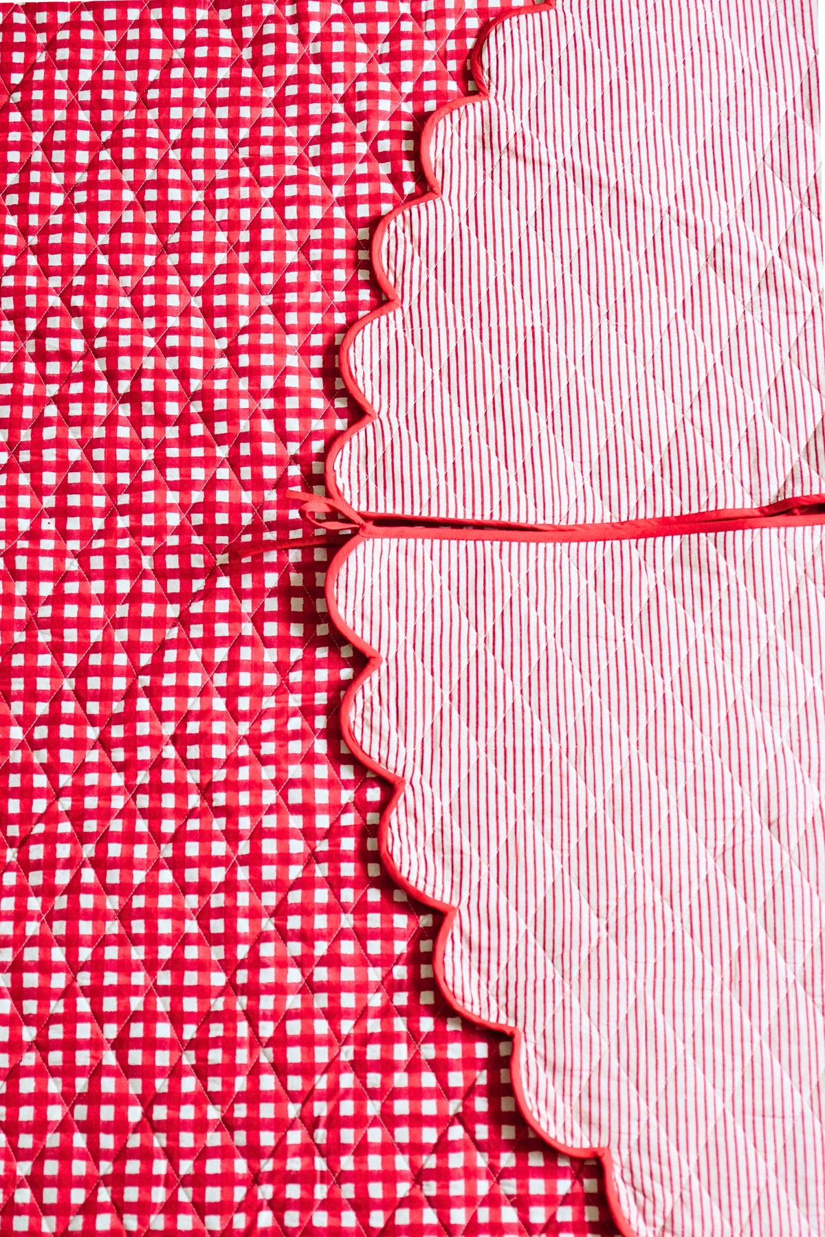Scalloped Blockprint Quilted Tree Skirt in Red Gingham