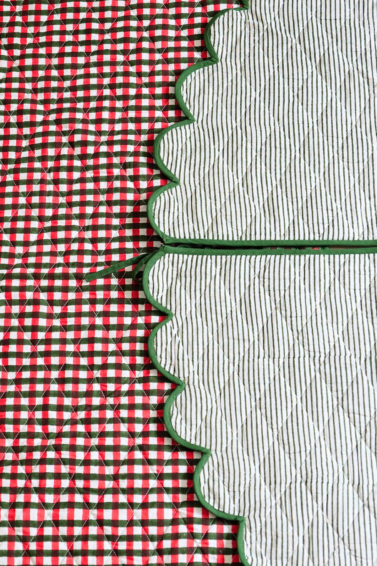 Scalloped Blockprint Quilted Tree Skirt in Holiday Gingham