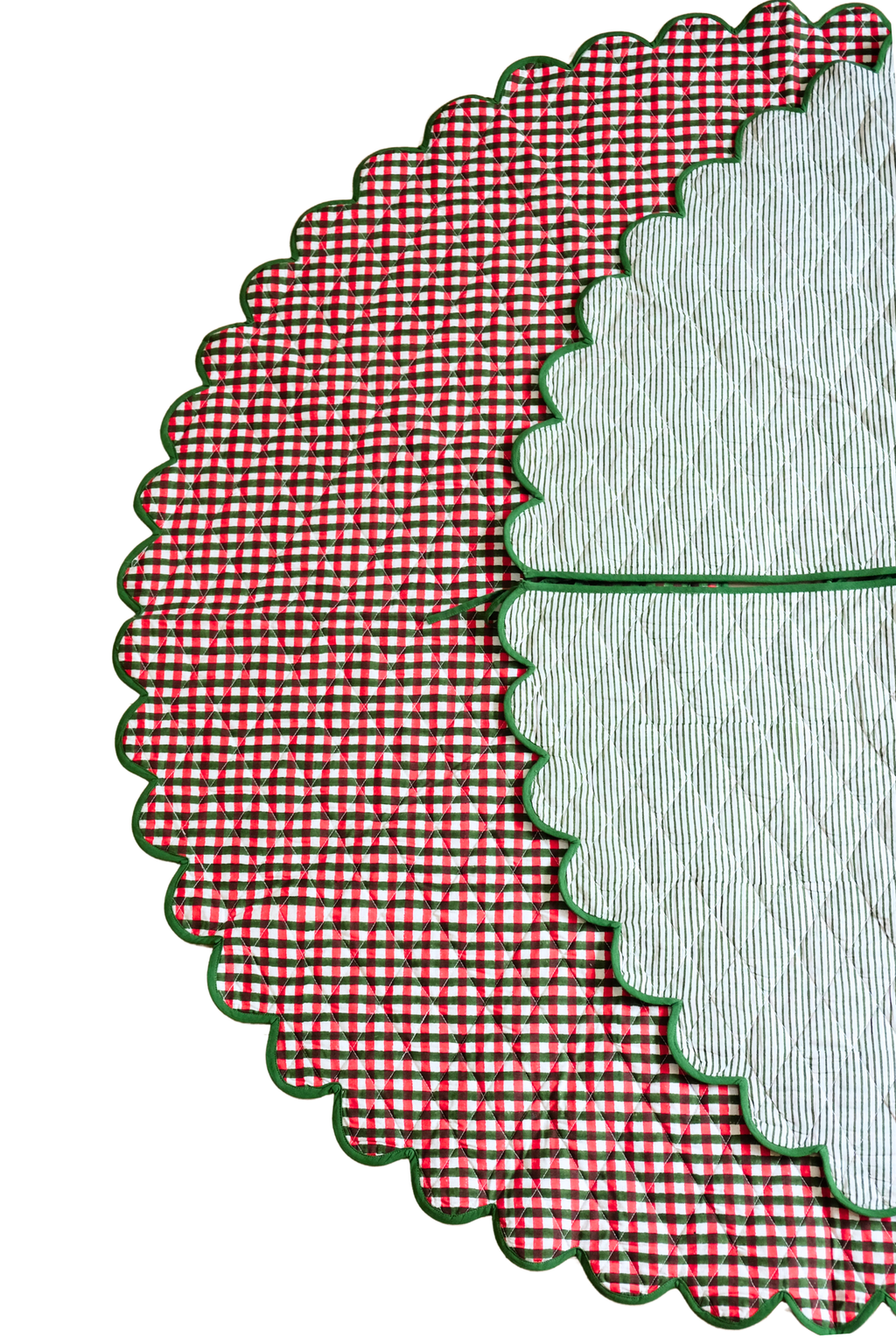 Scalloped Blockprint Quilted Tree Skirt in Holiday Gingham