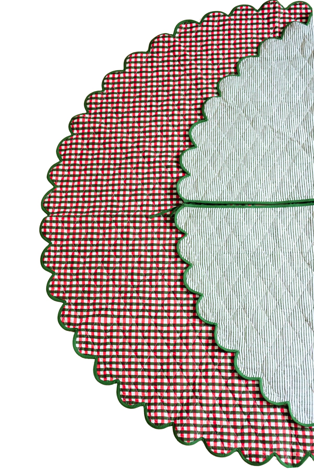 Scalloped Blockprint Quilted Tree Skirt in Holiday Gingham