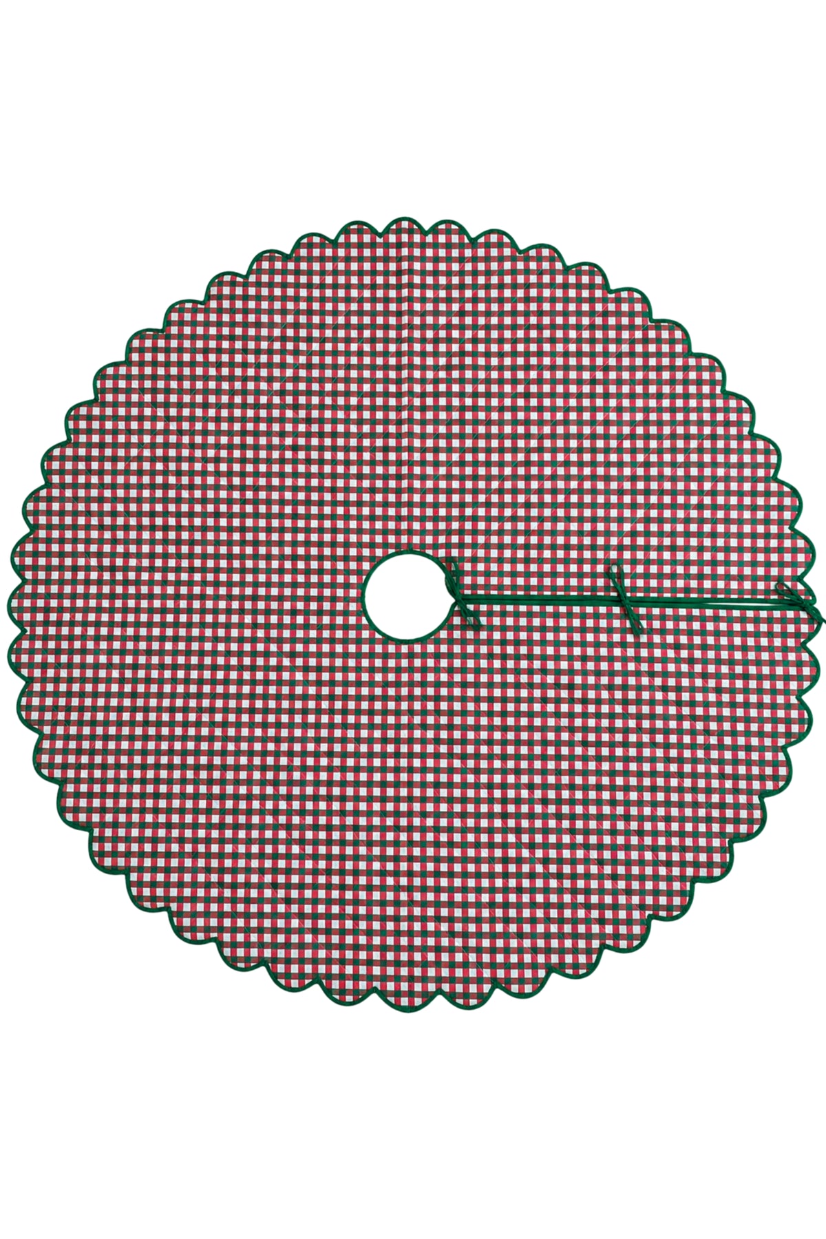 Scalloped Blockprint Quilted Tree Skirt in Holiday Gingham