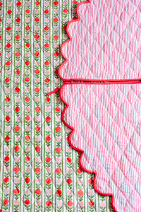 Scalloped Blockprint Quilted Tree Skirt in Holiday Vintage Floral Stripe