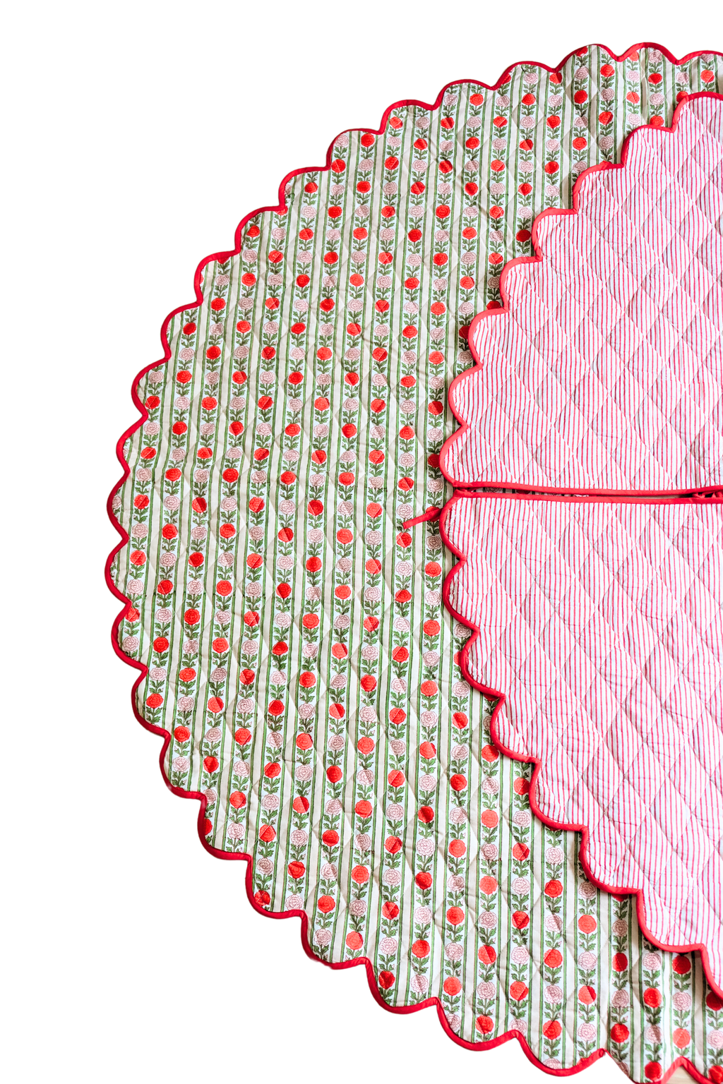 Scalloped Blockprint Quilted Tree Skirt in Holiday Vintage Floral Stripe