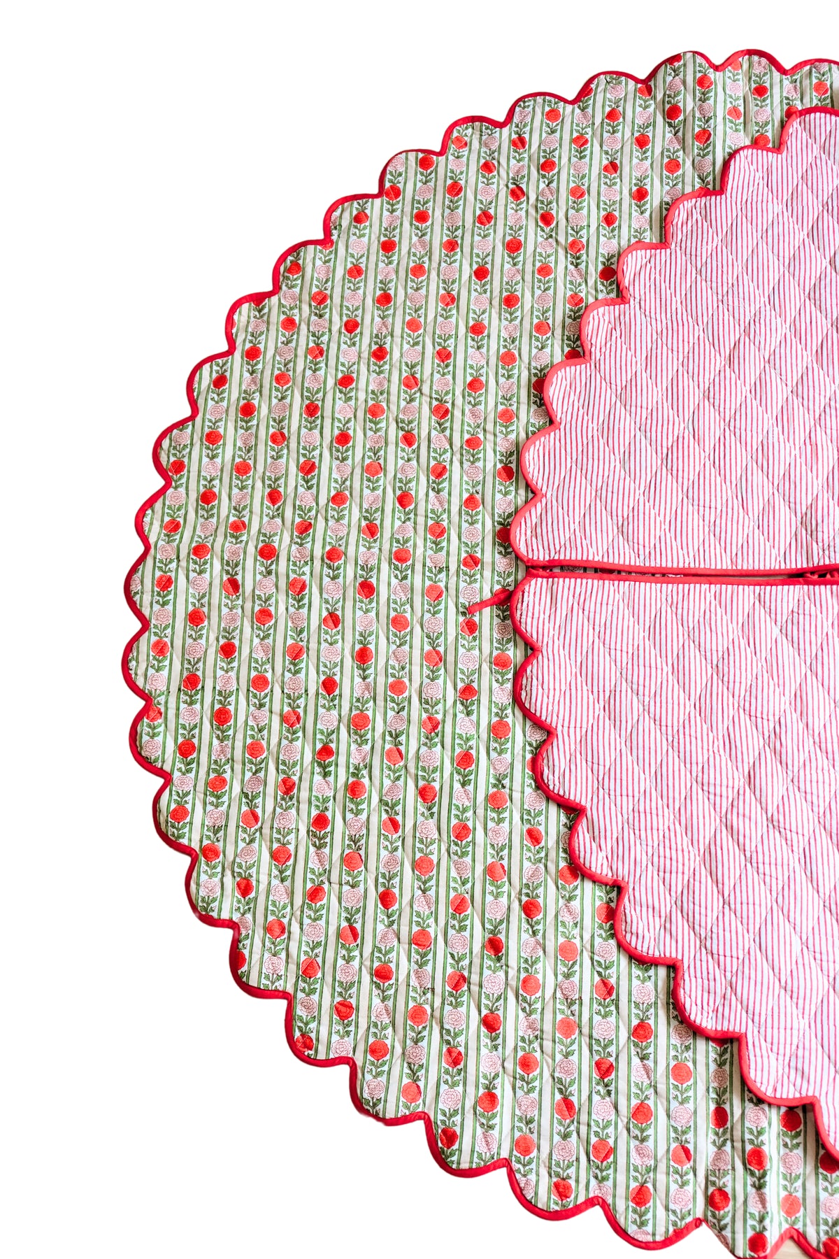 Scalloped Blockprint Quilted Tree Skirt in Holiday Vintage Floral Stripe