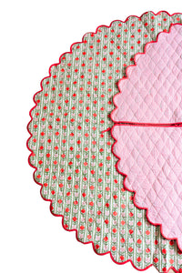 Scalloped Blockprint Quilted Tree Skirt in Holiday Vintage Floral Stripe