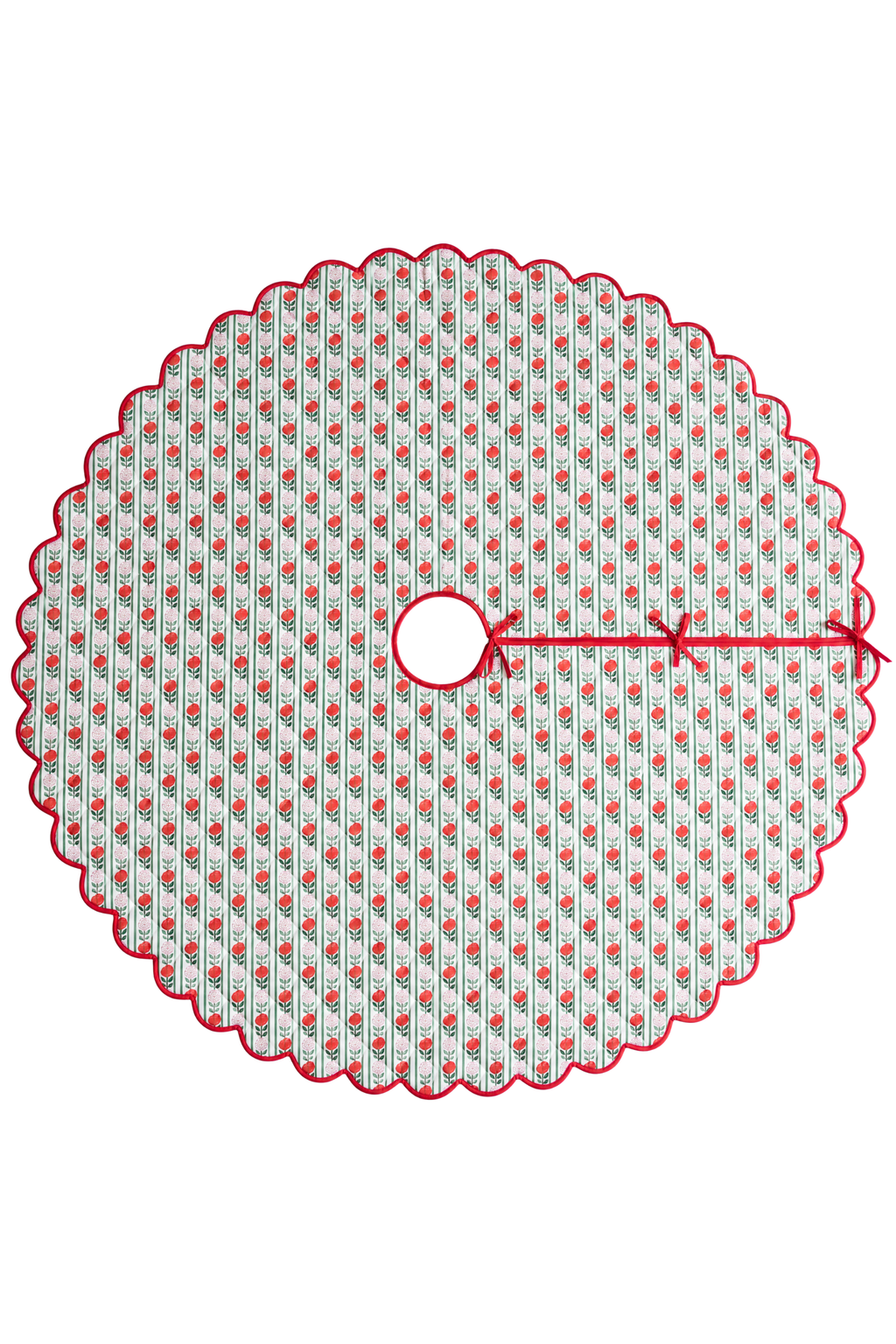 Scalloped Blockprint Quilted Tree Skirt in Holiday Vintage Floral Stripe