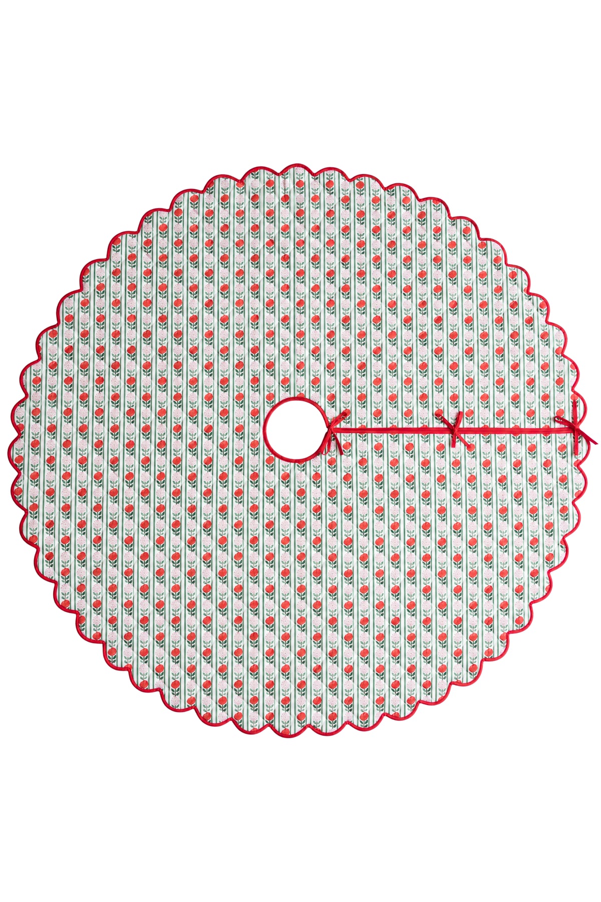 Scalloped Blockprint Quilted Tree Skirt in Holiday Vintage Floral Stripe