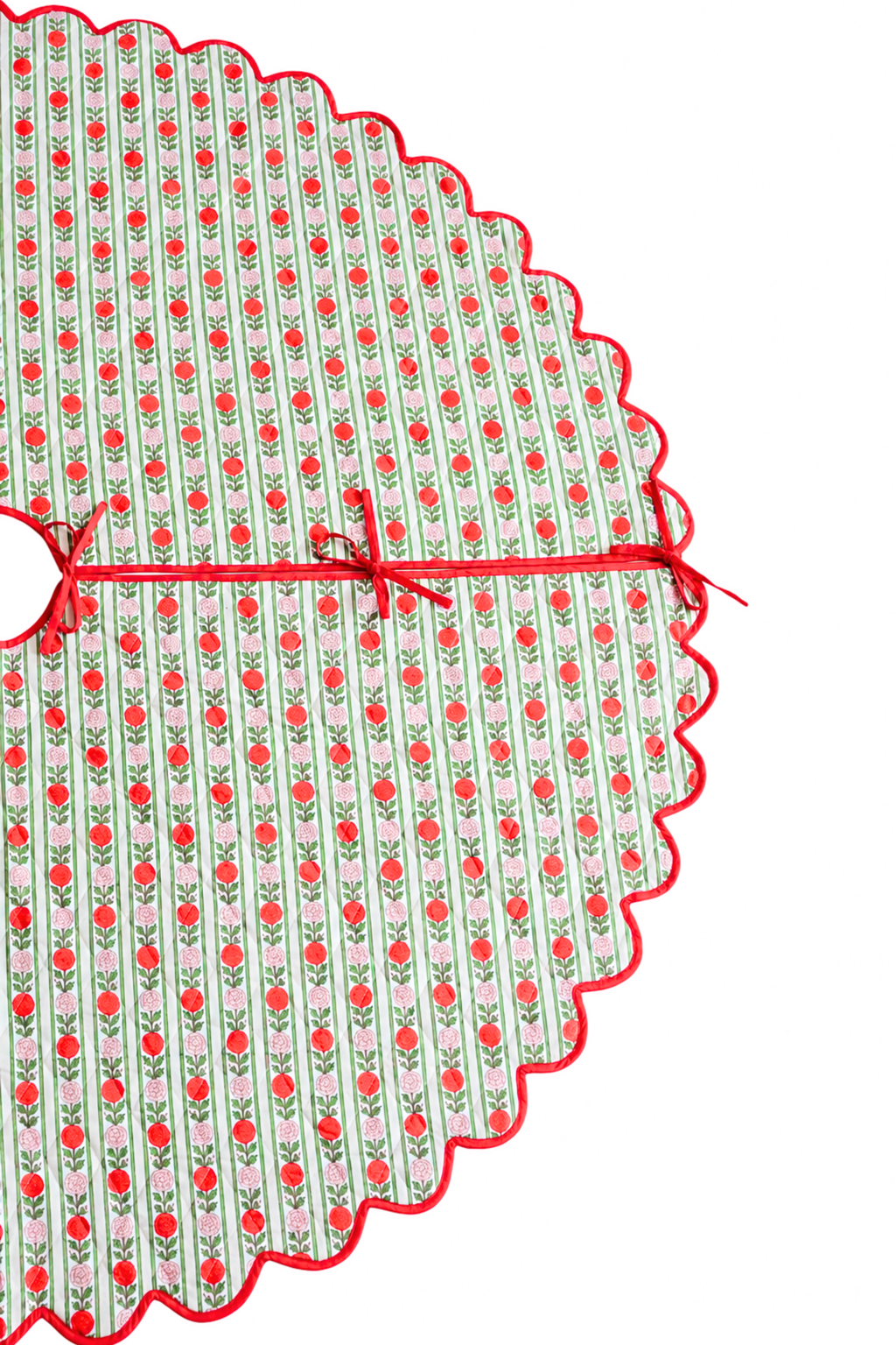 Scalloped Blockprint Quilted Tree Skirt in Holiday Vintage Floral Stripe
