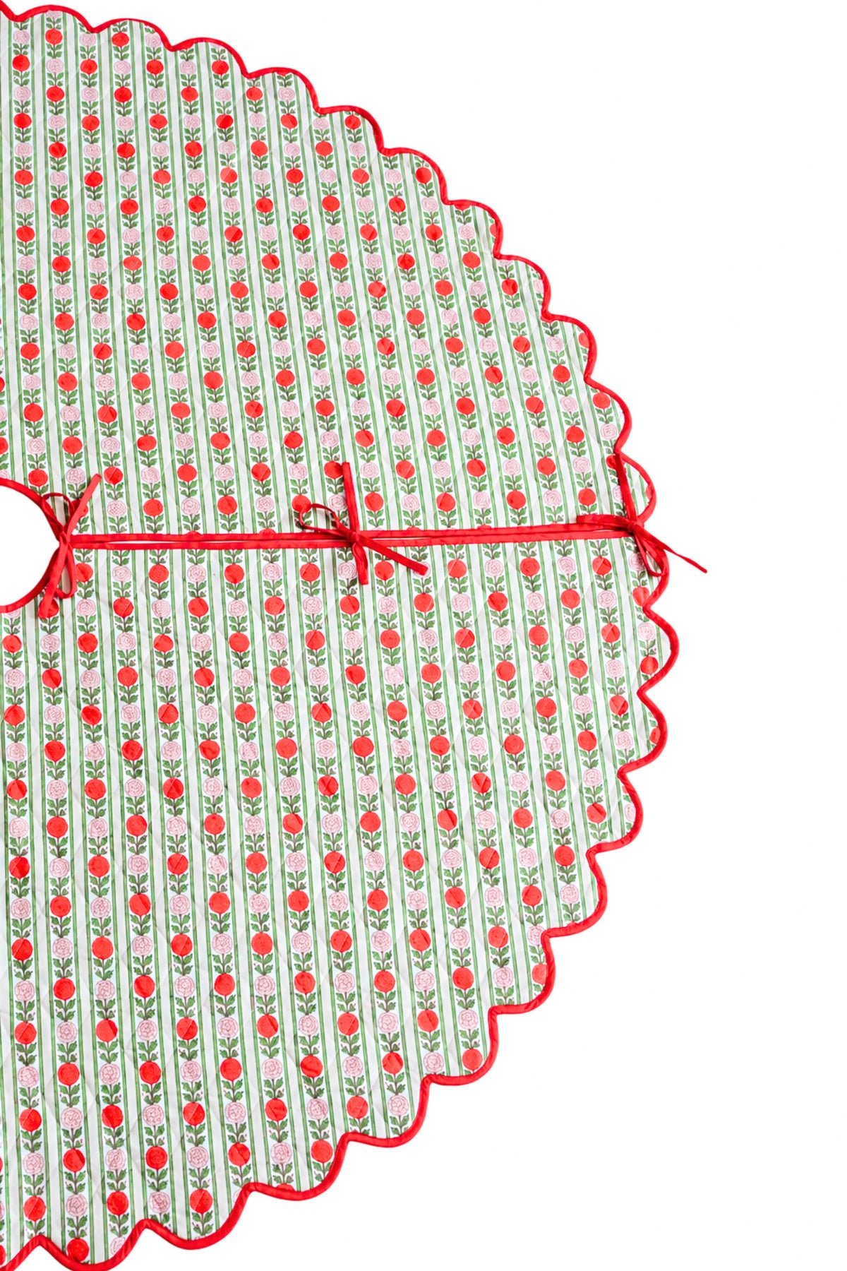 Scalloped Blockprint Quilted Tree Skirt in Holiday Vintage Floral Stripe