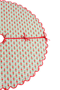 Scalloped Blockprint Quilted Tree Skirt in Holiday Vintage Floral Stripe