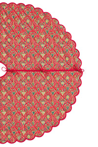 Scalloped Blockprint Quilted Tree Skirt in Red Holiday Arch