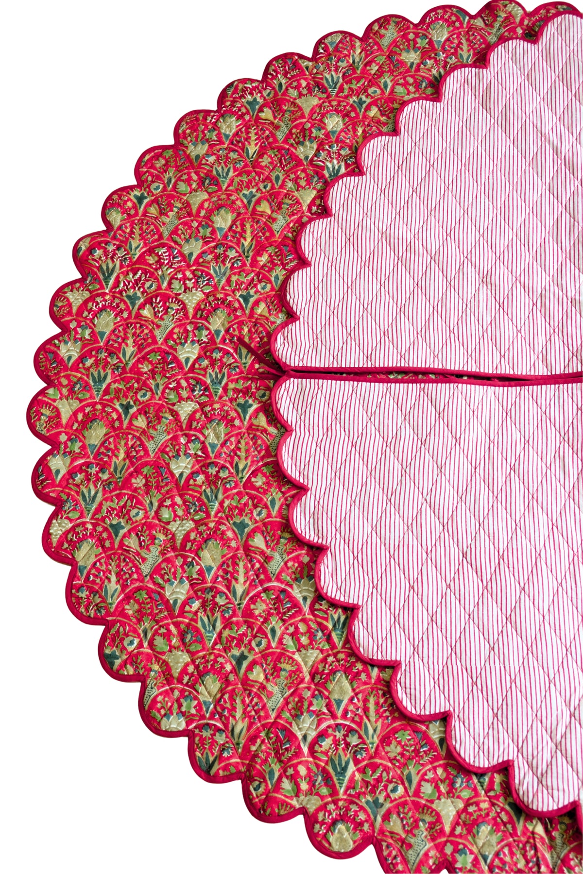 Scalloped Blockprint Quilted Tree Skirt in Red Holiday Arch