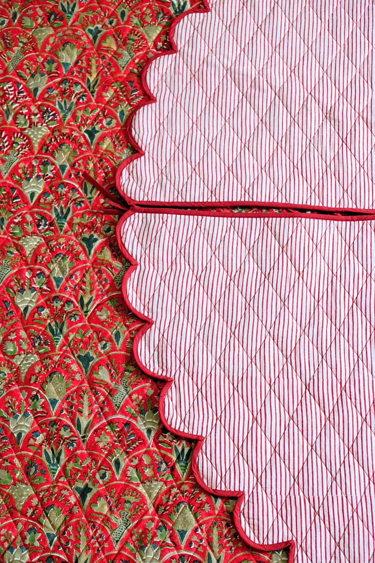 Scalloped Blockprint Quilted Tree Skirt in Red Holiday Arch
