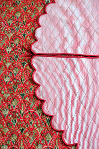 Scalloped Blockprint Quilted Tree Skirt in Red Holiday Arch