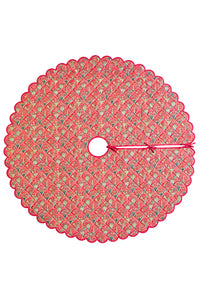 Scalloped Blockprint Quilted Tree Skirt in Red Holiday Arch
